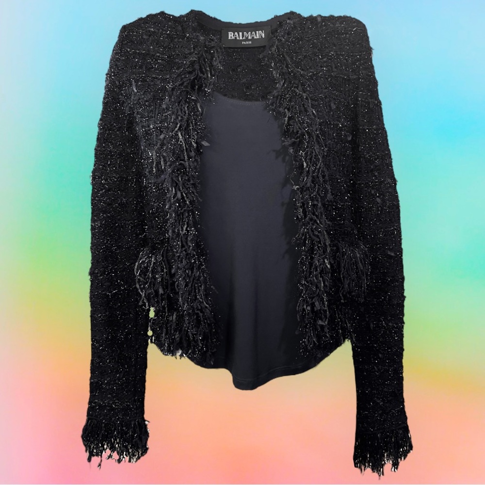 Authentic BALMAIN Tweed Fringe Sparkly Black Jacket Blazer - Size 34 France